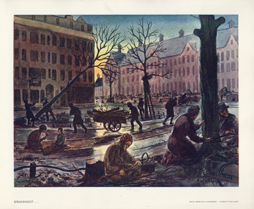 136056 Afbeelding van het illegaal omzagen van bomen en het slopen van houtblokjes tussen de tramrails voor het ...